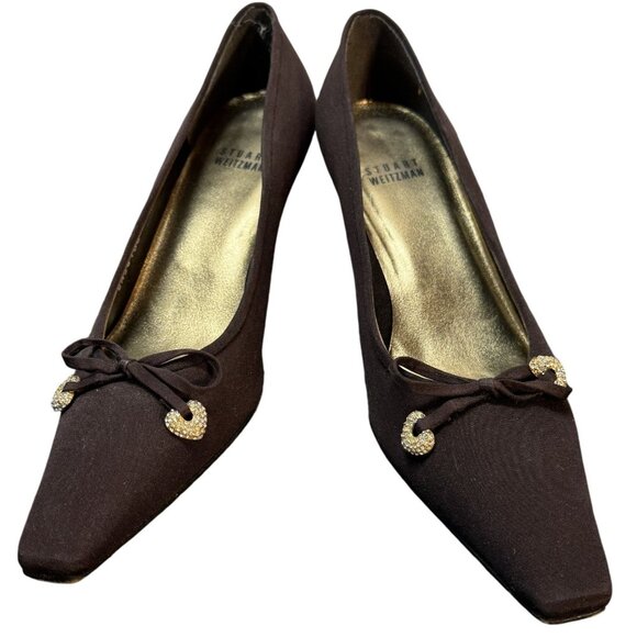 Stuart Weitzman Brown Kitten Heel Pumps W/ Rhinestone Bow Accents Size 7.5 M - Picture 1 of 6